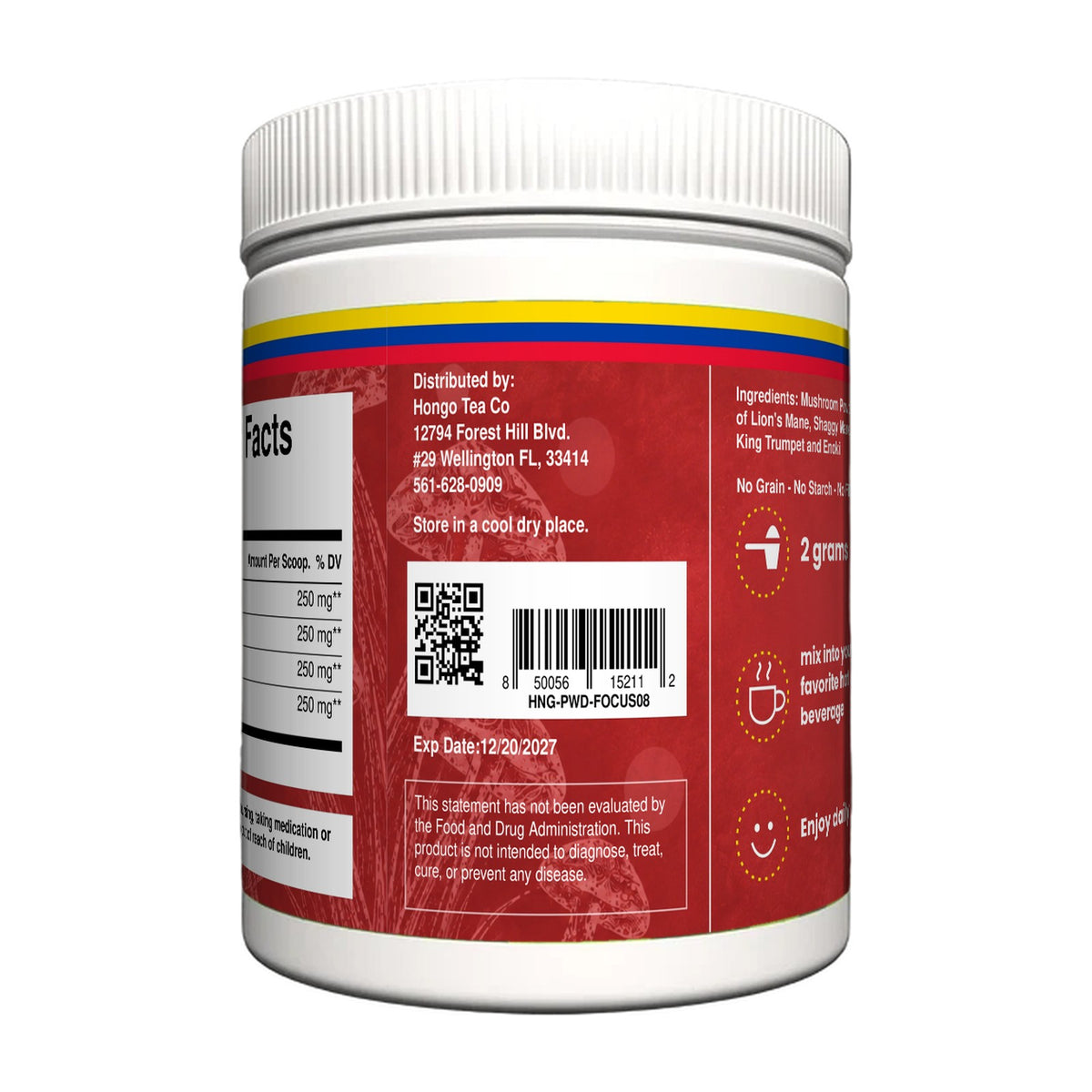 Hongo Focus Fuel Mushroom Blend - 8 oz jar, side with barcode