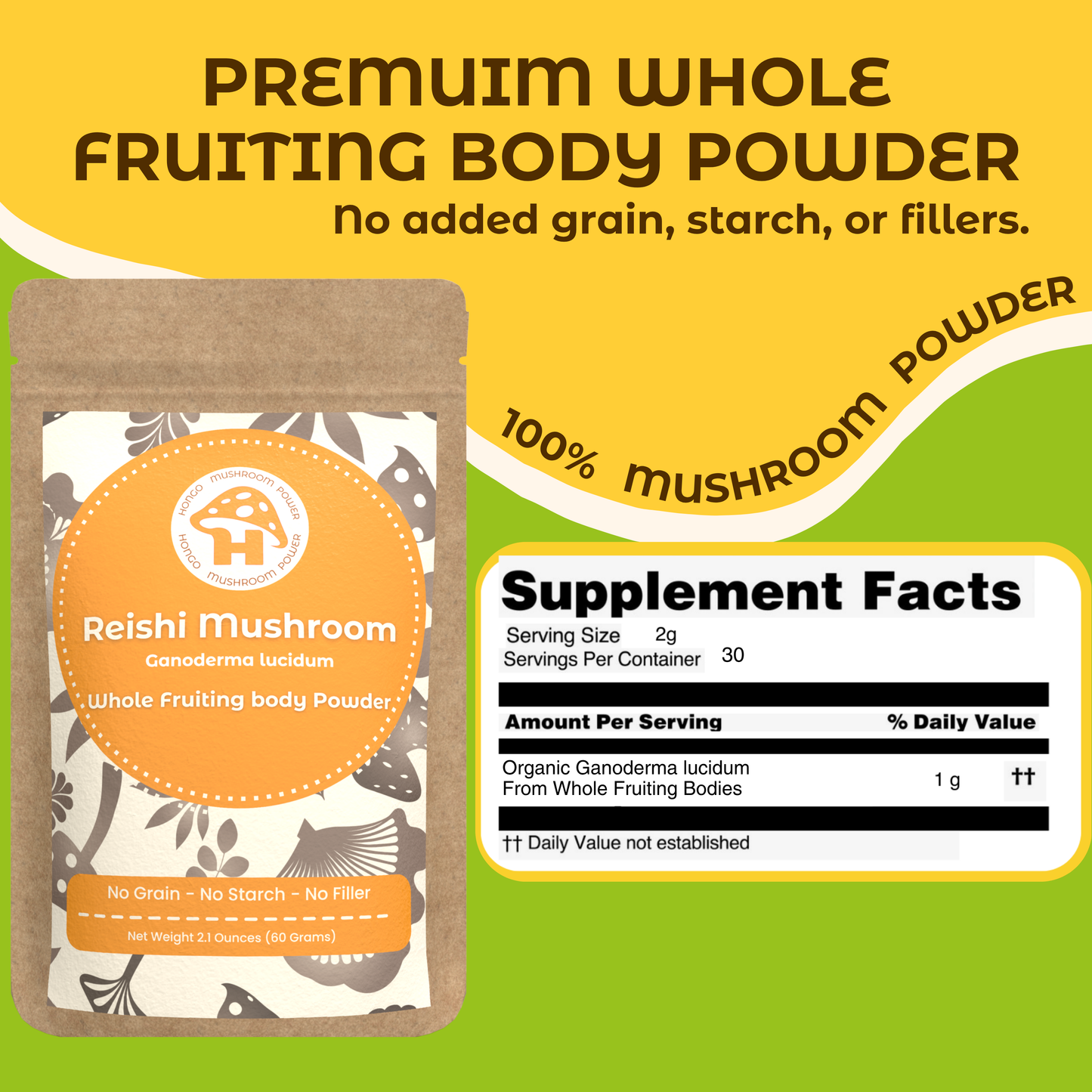 Hongo Reishi whole fruiting body mushroom powder — supplement facts panel