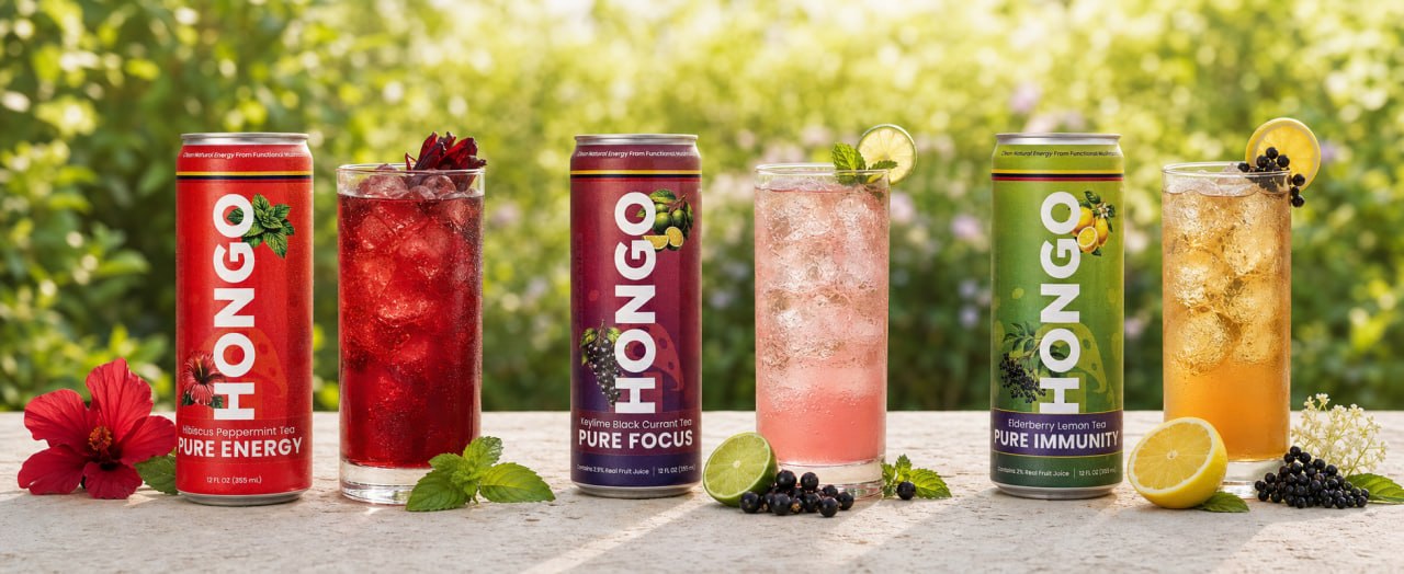 Hongo Pure Energy, Pure Focus and Pure Immunity cans beside matching glasses of iced tea