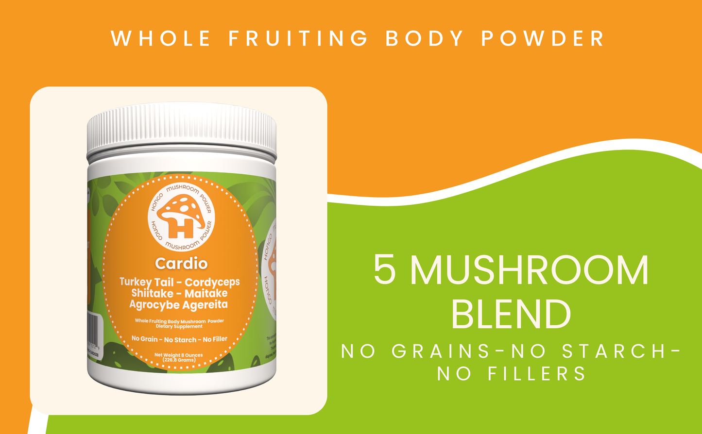 Hongo Cardio mushroom blend powder for heart vitality and cardiovascular support — product in use