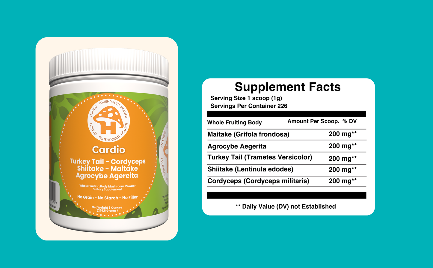 Hongo Cardio mushroom blend powder for heart vitality and cardiovascular support — label close-up