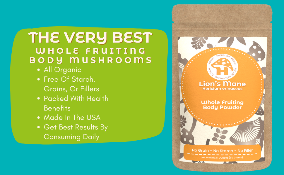 Hongo Lion's Mane whole fruiting body mushroom powder — benefits infographic