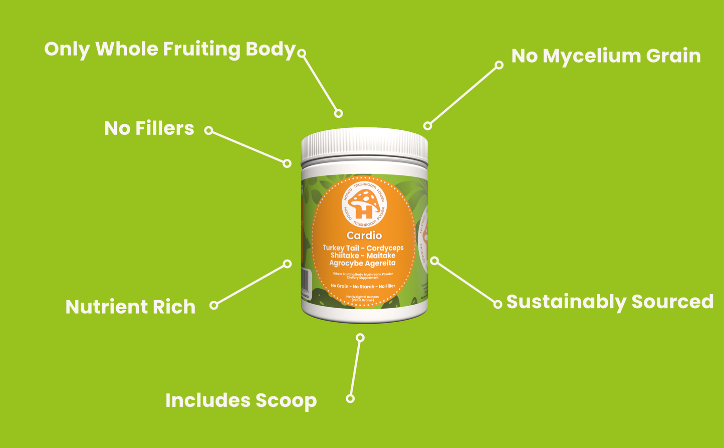 Hongo Cardio mushroom blend powder for heart vitality and cardiovascular support — supplement facts