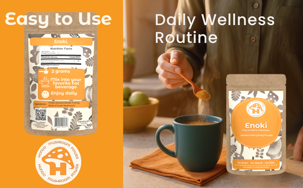 Hongo Premium Enoki whole fruiting body mushroom powder — lifestyle image