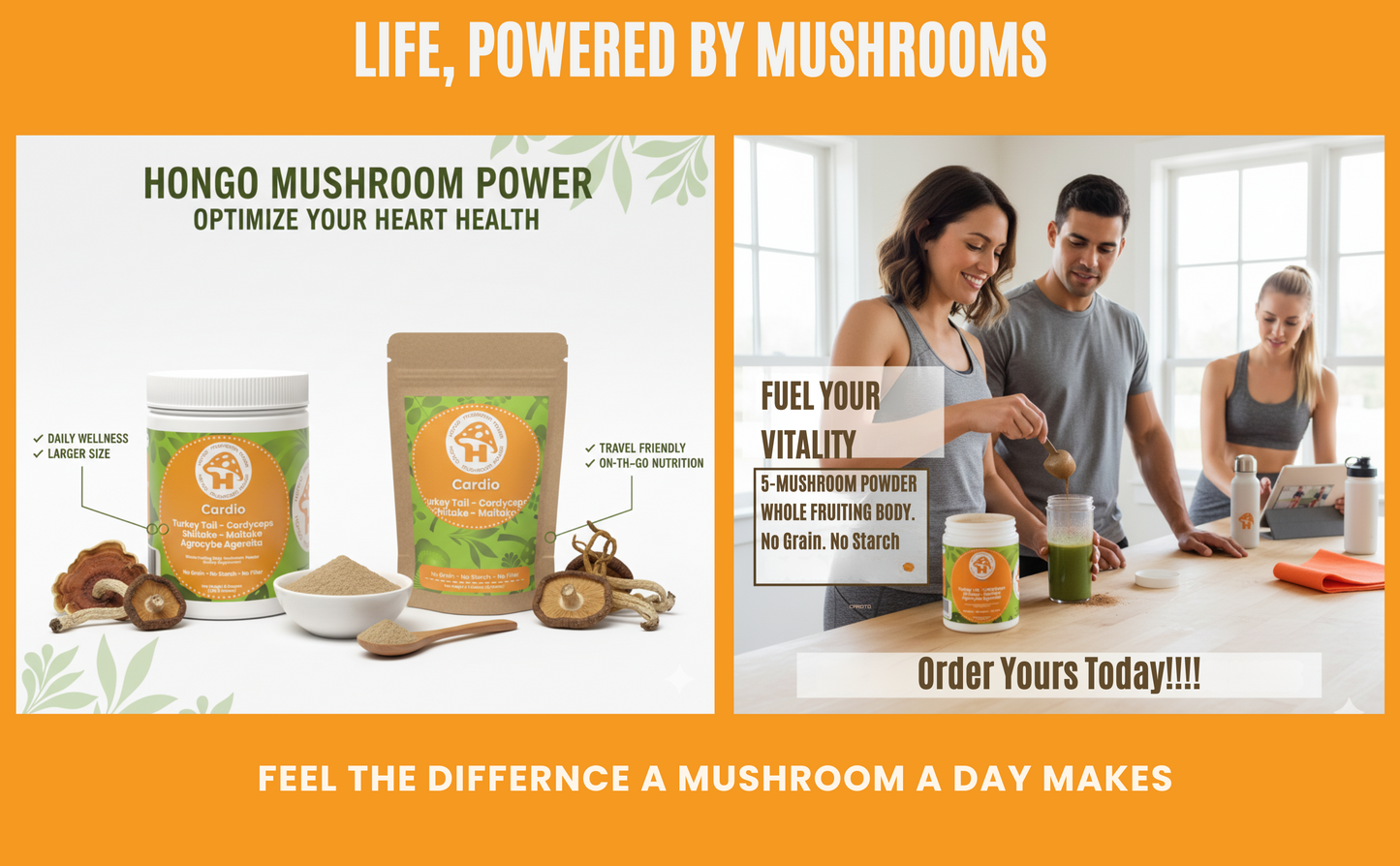 Hongo Cardio mushroom blend powder for heart vitality and cardiovascular support — brand lifestyle image