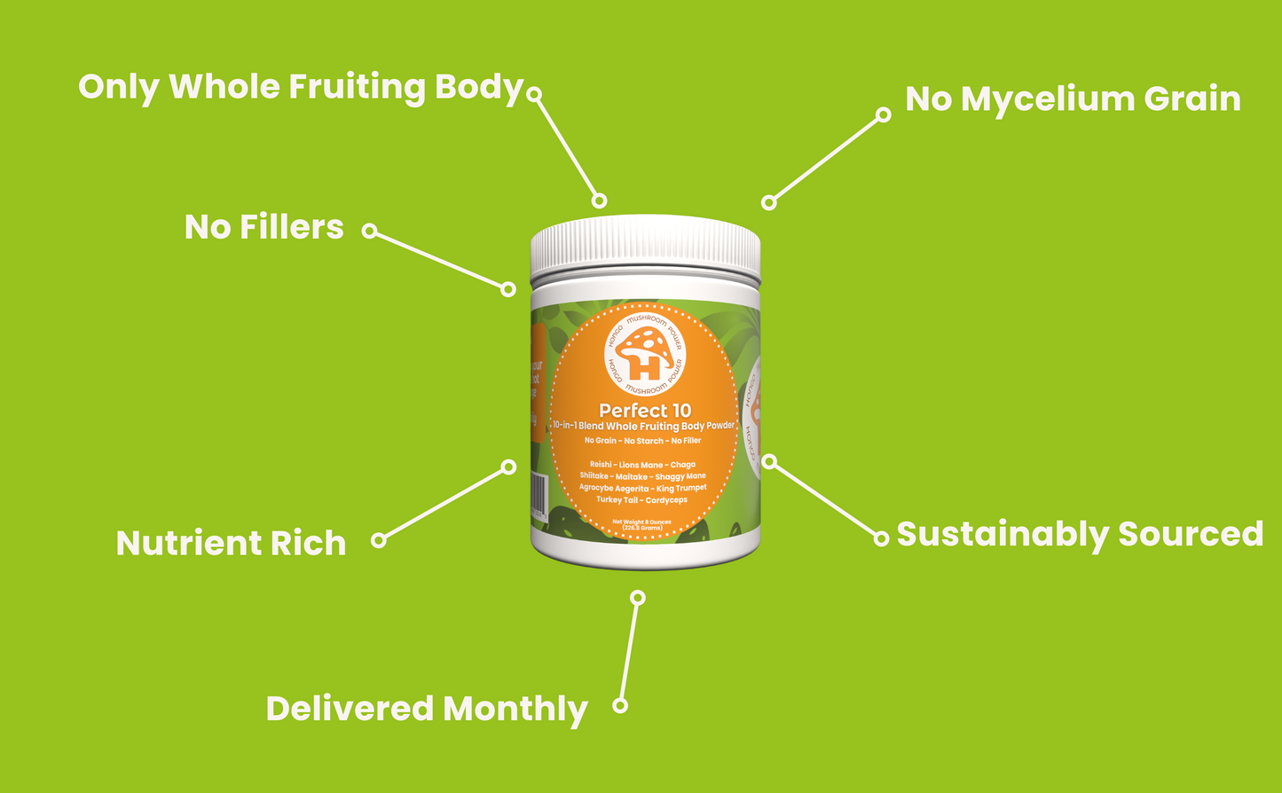 Hongo Perfect 10 mushroom blend powder with 10 functional mushrooms — product in use