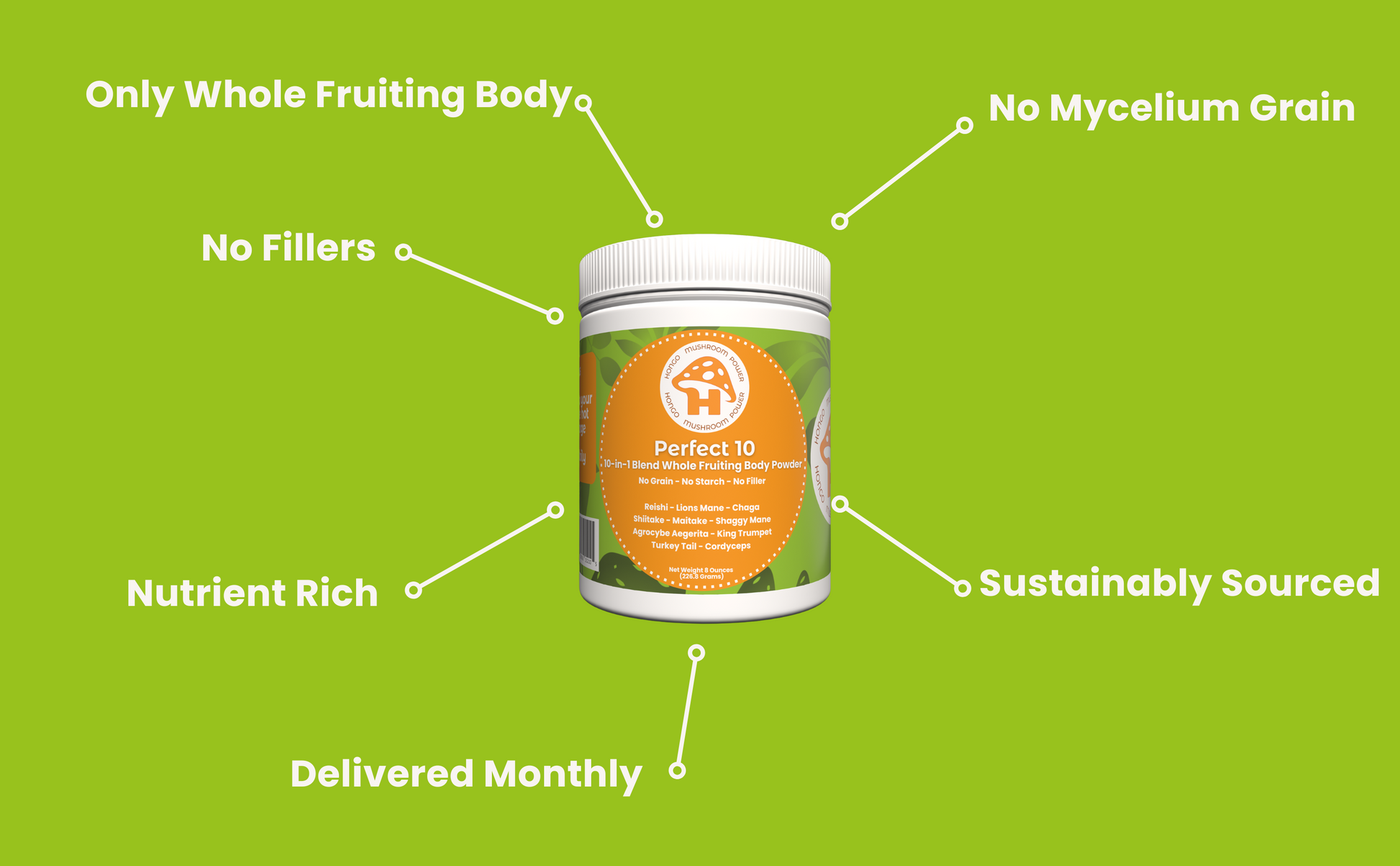 Hongo Perfect 10 mushroom blend powder with 10 functional mushrooms — product in use