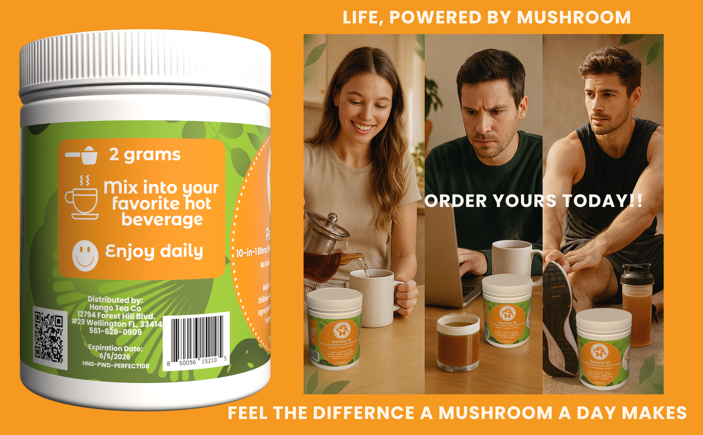 Hongo Perfect 10 mushroom blend powder with 10 functional mushrooms — ingredients detail
