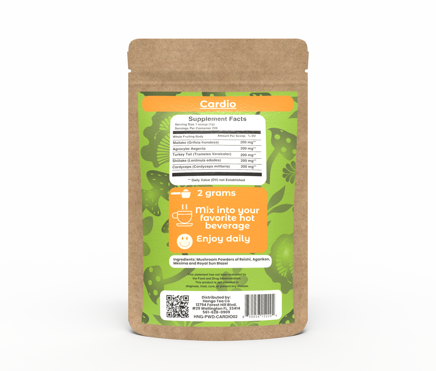 Hongo Cardio mushroom blend powder for heart vitality and cardiovascular support — ingredients detail