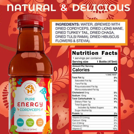 Hongo Pure Energy | Cordyceps & Lion's Mane Mushroom Tea | 16oz Bottles
