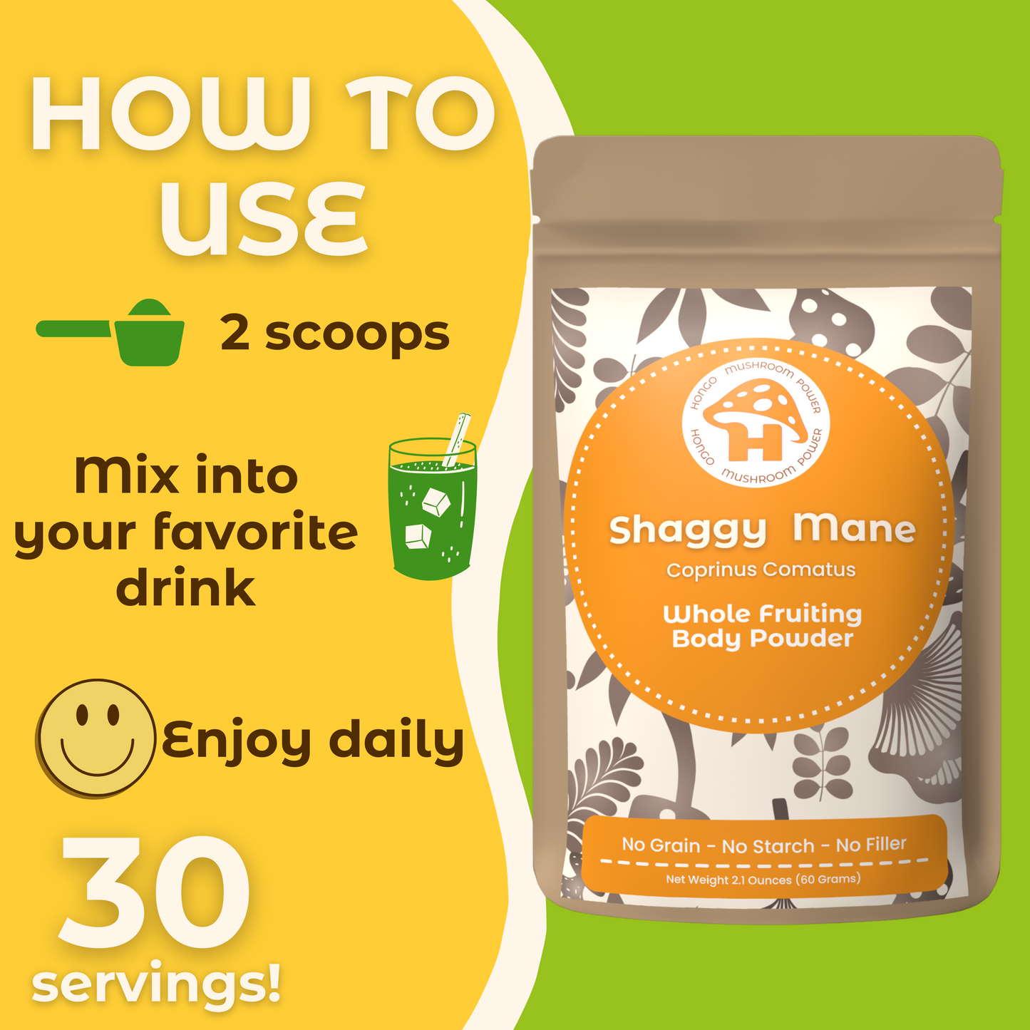 Hongo Shaggy Mane (Coprinus Comatus) whole fruiting body mushroom powder — product in use