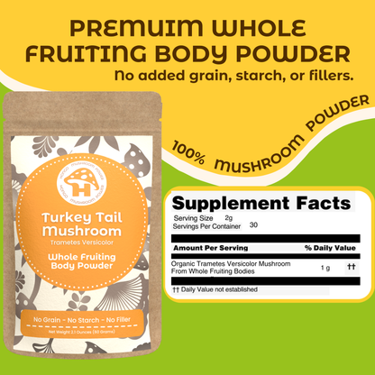 Hongo Turkey Tail whole fruiting body mushroom powder — supplement facts panel