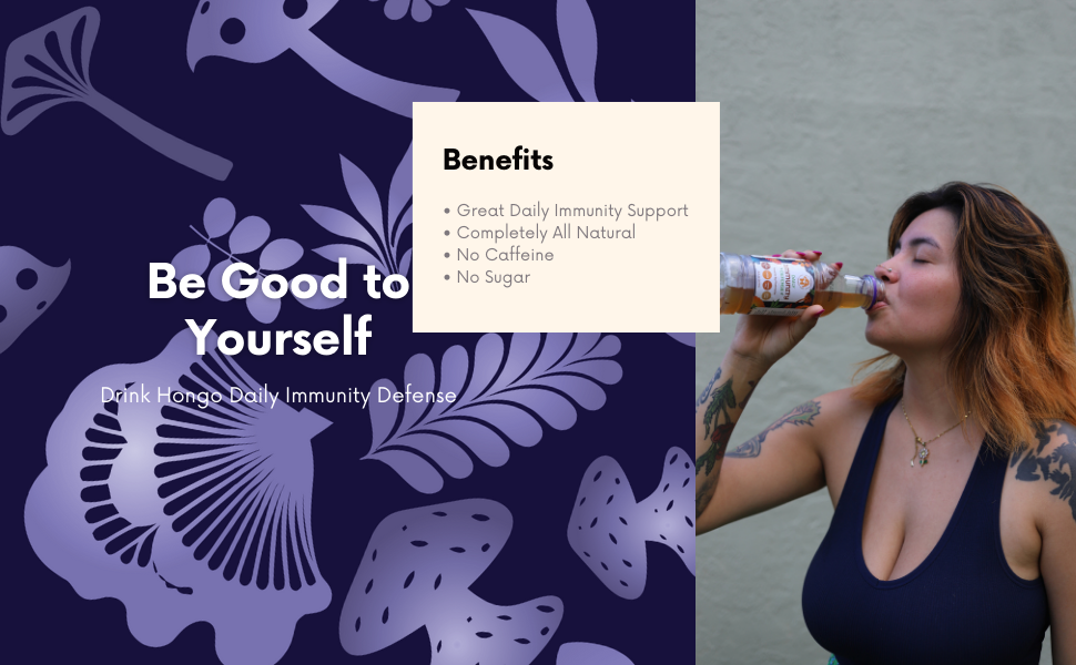 Hongo Daily Immunity Defense - Reishi, Lion's Mane, Turkey Tail, Chaga - 5600mg -Ready to Drink Mushroom Herbal Beverage