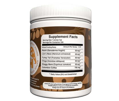 Hongo Power Brew mushroom coffee blend — side view