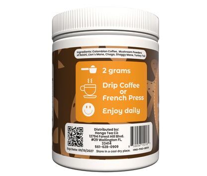 Hongo Power Brew mushroom coffee blend — back of package
