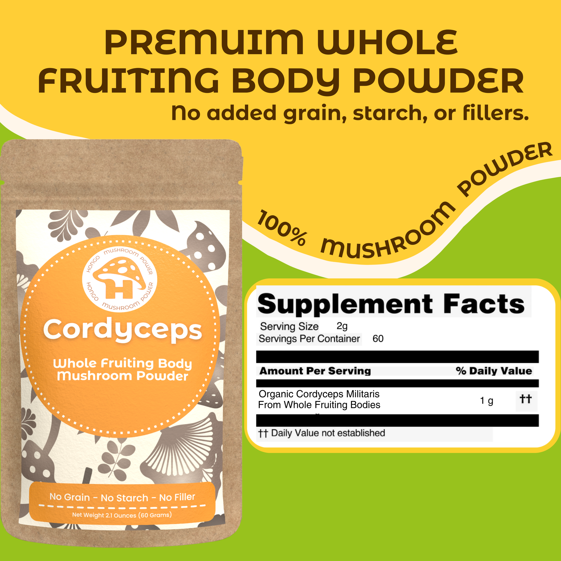 Hongo Cordyceps militaris whole fruiting body mushroom powder — supplement facts panel