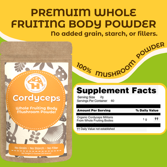 Hongo Cordyceps militaris whole fruiting body mushroom powder — supplement facts panel