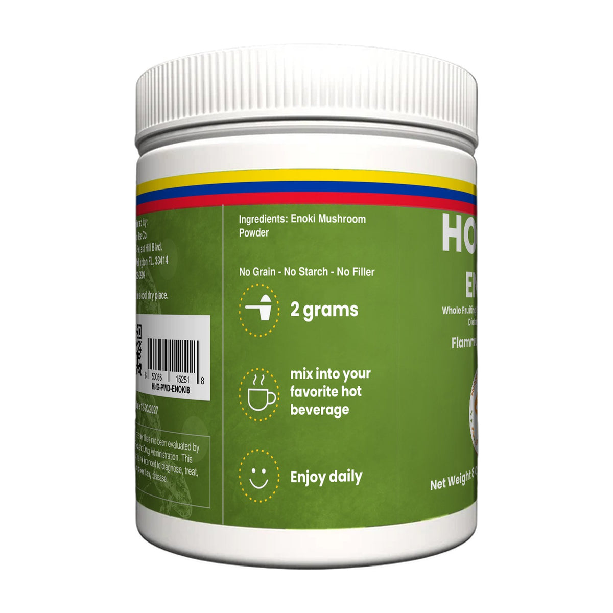 Hongo Enoki Mushroom Powder - 8 oz jar, side