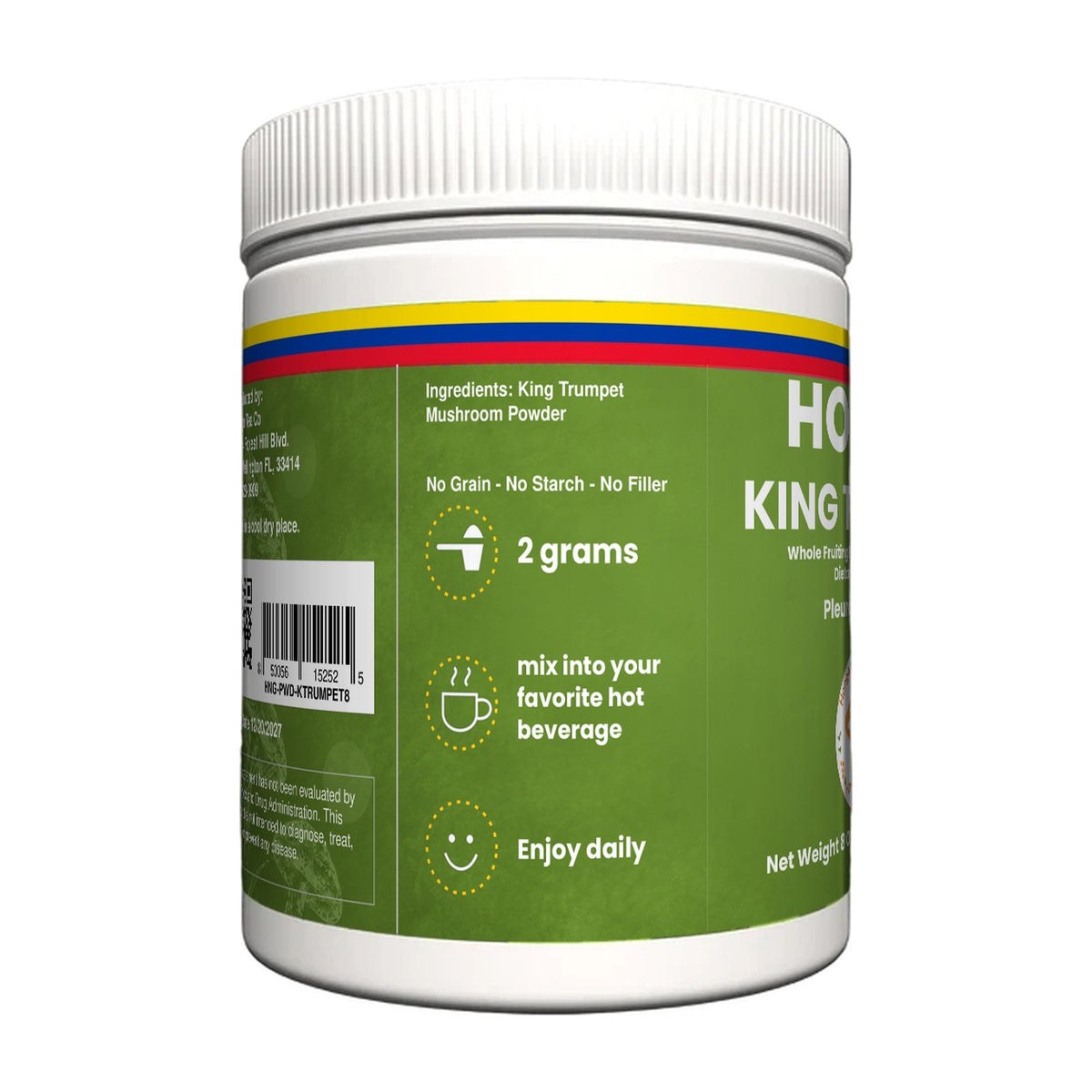 Hongo King Trumpet Mushroom Powder - 8 oz jar, side