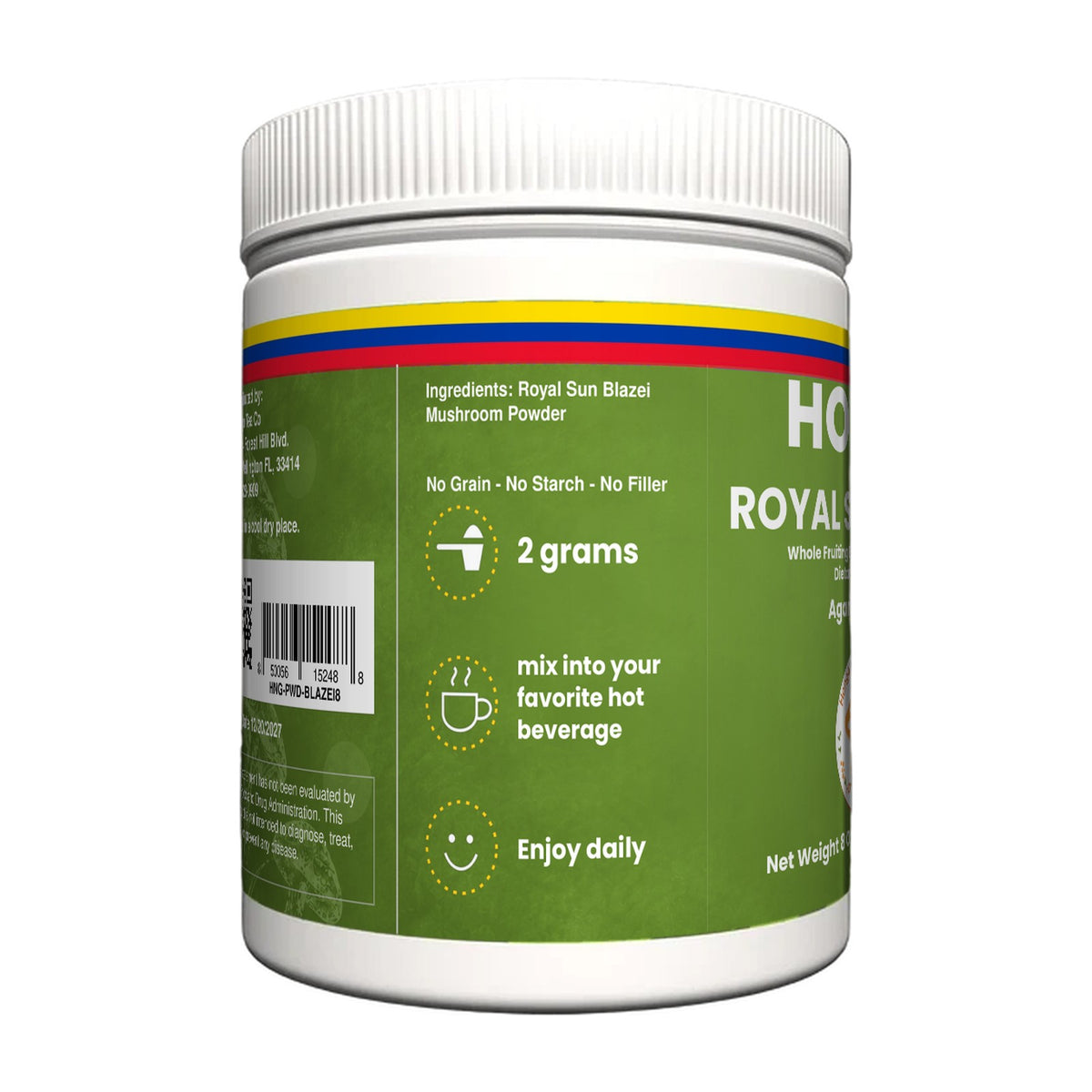 Hongo Royal Sun Blazei Mushroom Powder - 8 oz jar, side