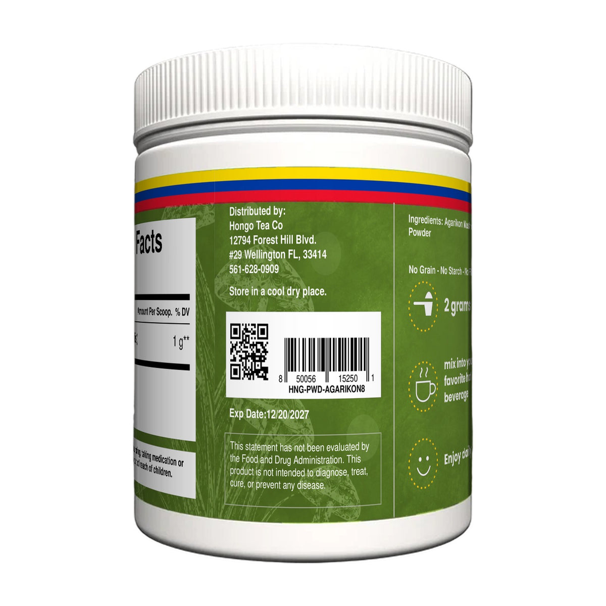 Hongo Agarikon Mushroom Powder - 8 oz jar, side with barcode