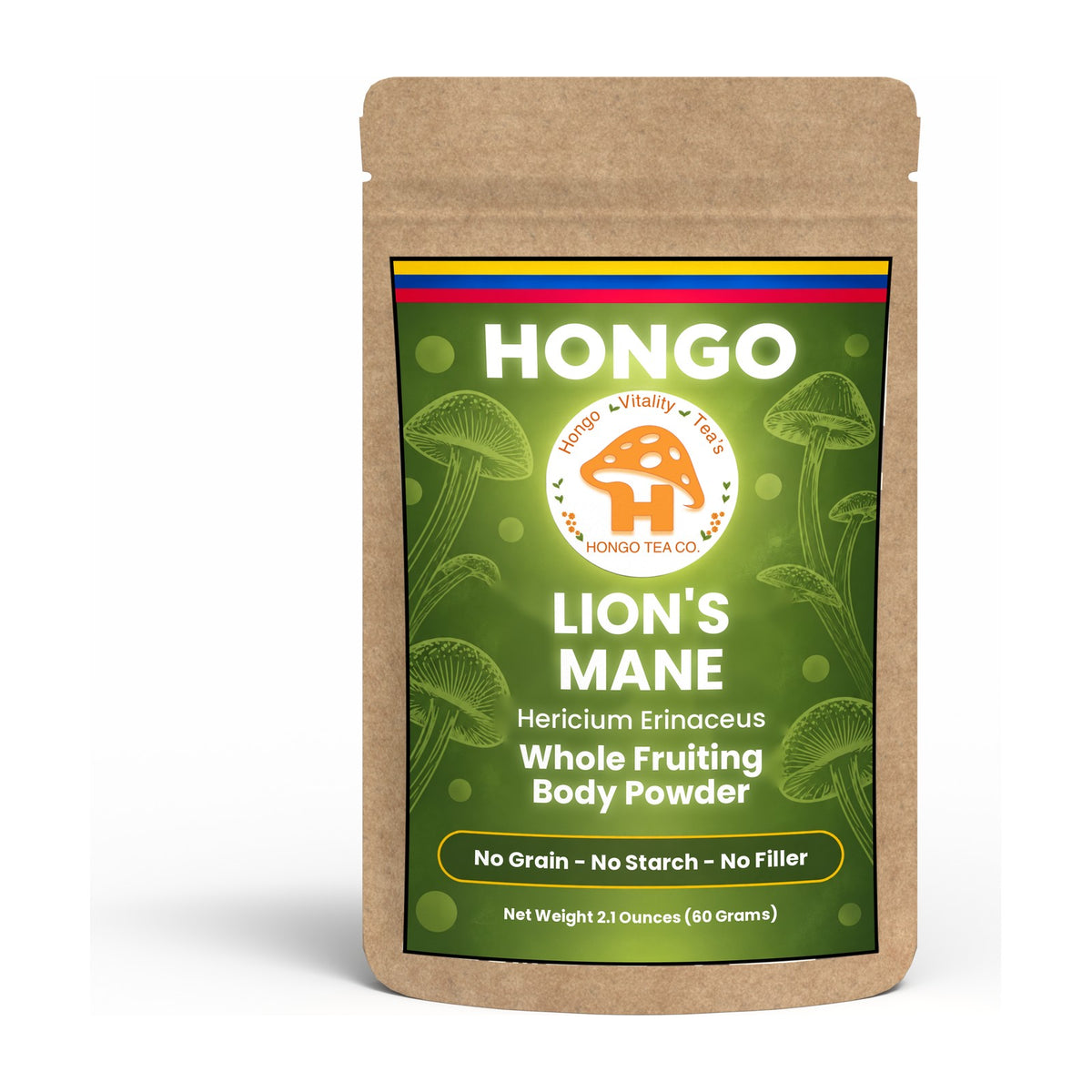 Hongo Lion's Mane Mushroom Powder - 2.1 oz (60 g) pouch, front