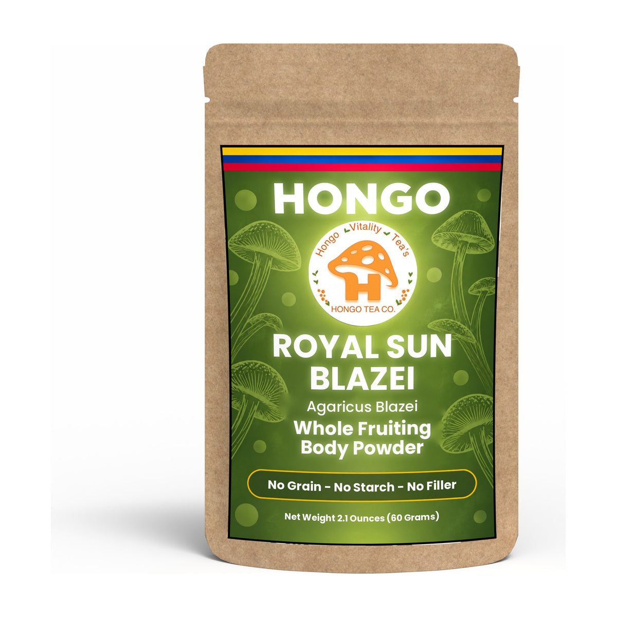 Hongo Royal Sun Blazei Mushroom Powder - 2.1 oz (60 g) pouch, front
