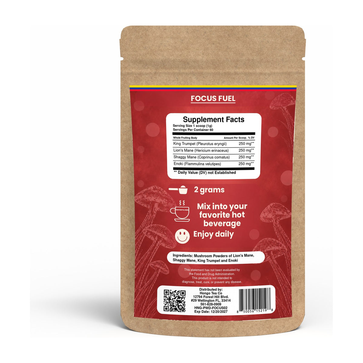 Hongo Focus Fuel Mushroom Blend - 2.1 oz (60 g) pouch, back with Supplement Facts
