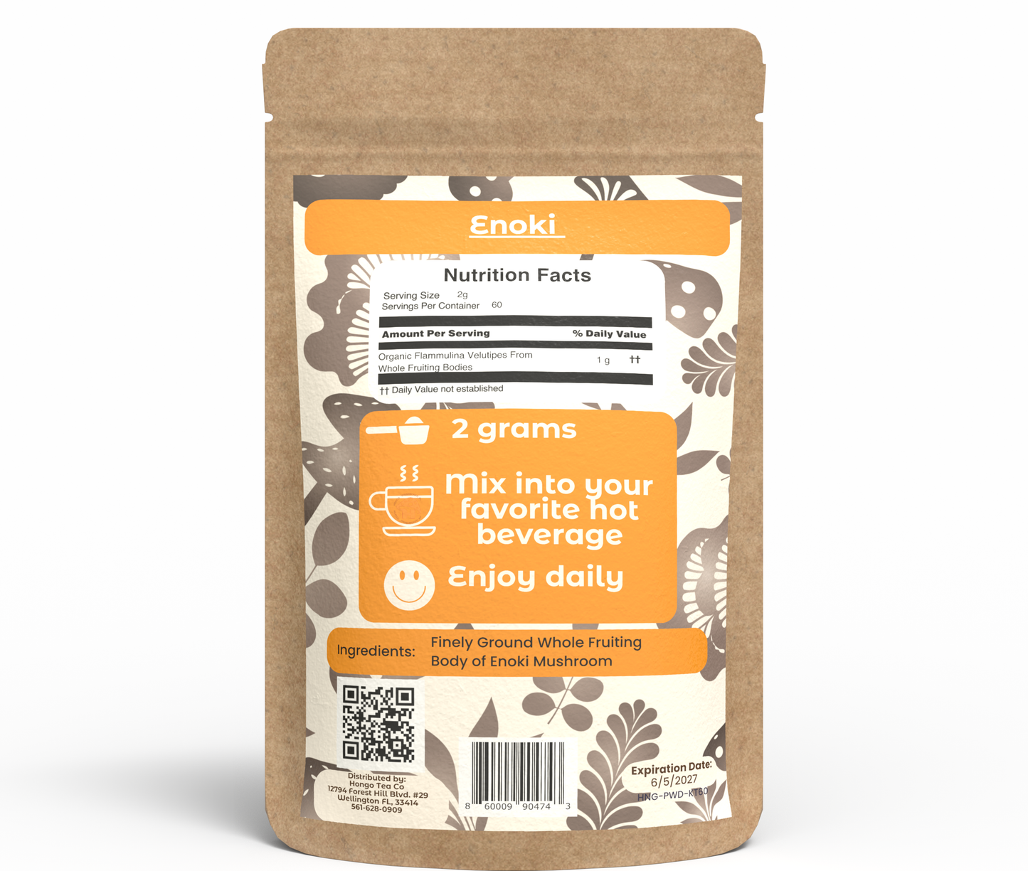 Hongo Premium Enoki whole fruiting body mushroom powder — back of package