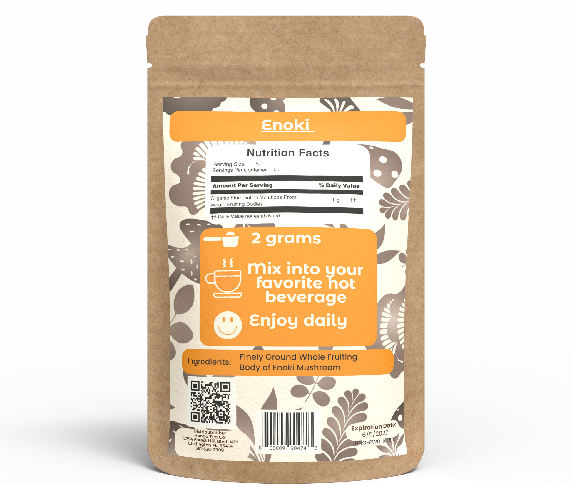 Hongo Premium Enoki whole fruiting body mushroom powder — back of package