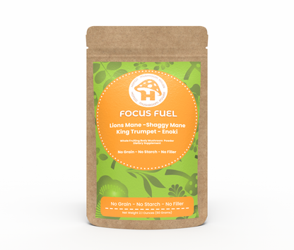 Hongo Focus Fuel mushroom blend powder with Lion's Mane and Cordyceps — packaging detail