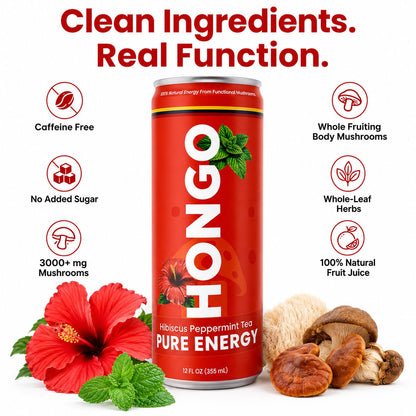 Hongo Pure Energy clean ingredients and real functional mushroom tea graphic