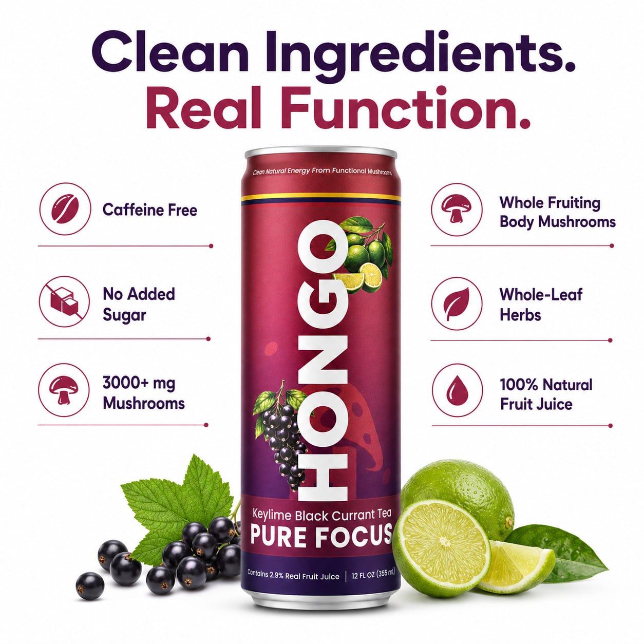 Hongo Pure Focus clean ingredients real function product graphic