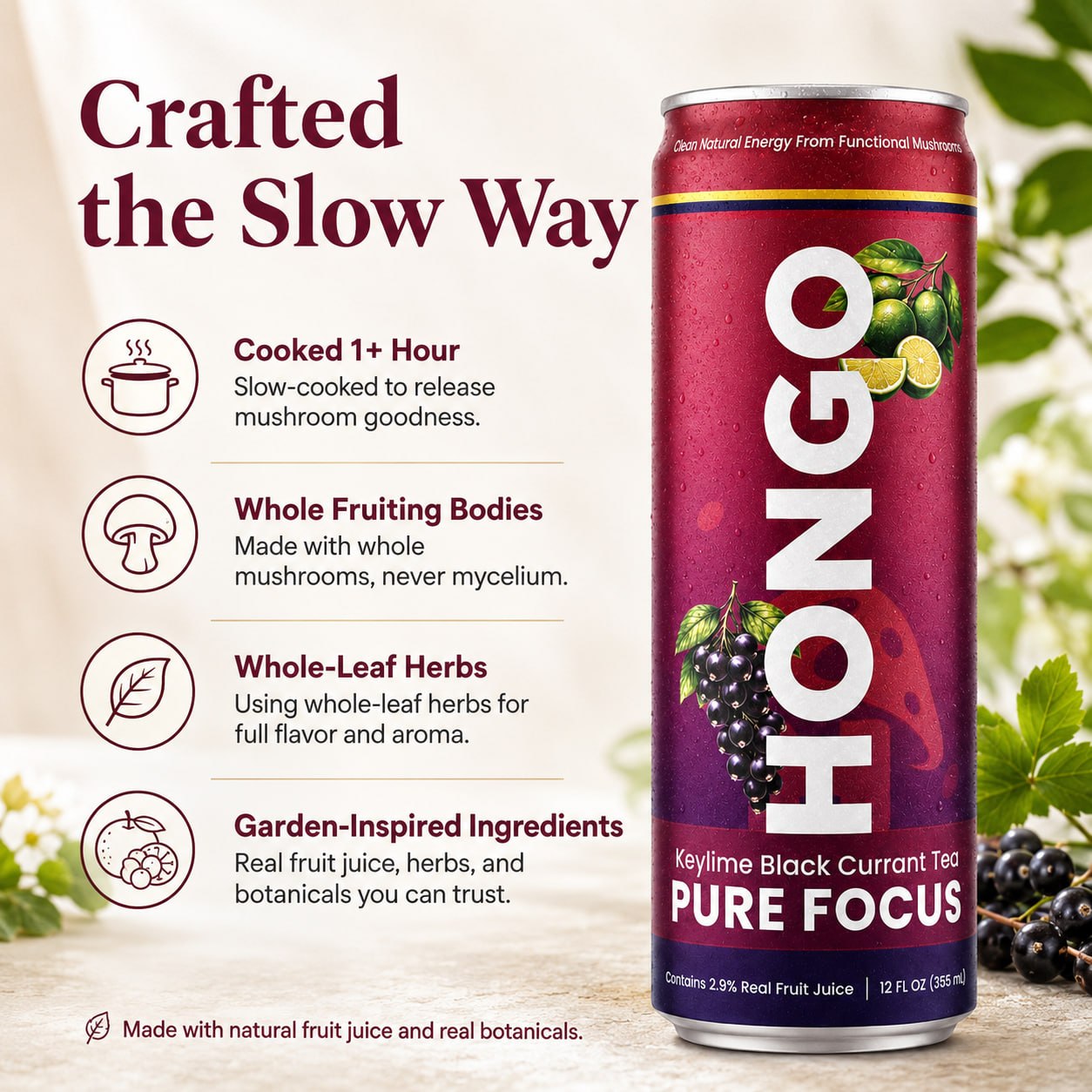 Hongo Pure Focus crafted the slow way product graphic