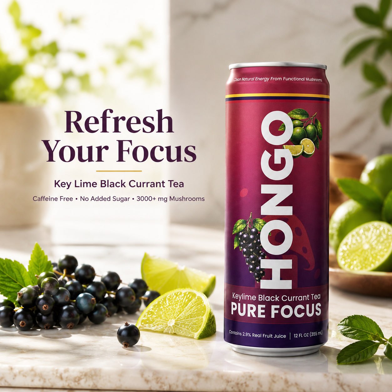 Hongo Pure Focus Key Lime Black Currant Tea refresh your focus lifestyle image