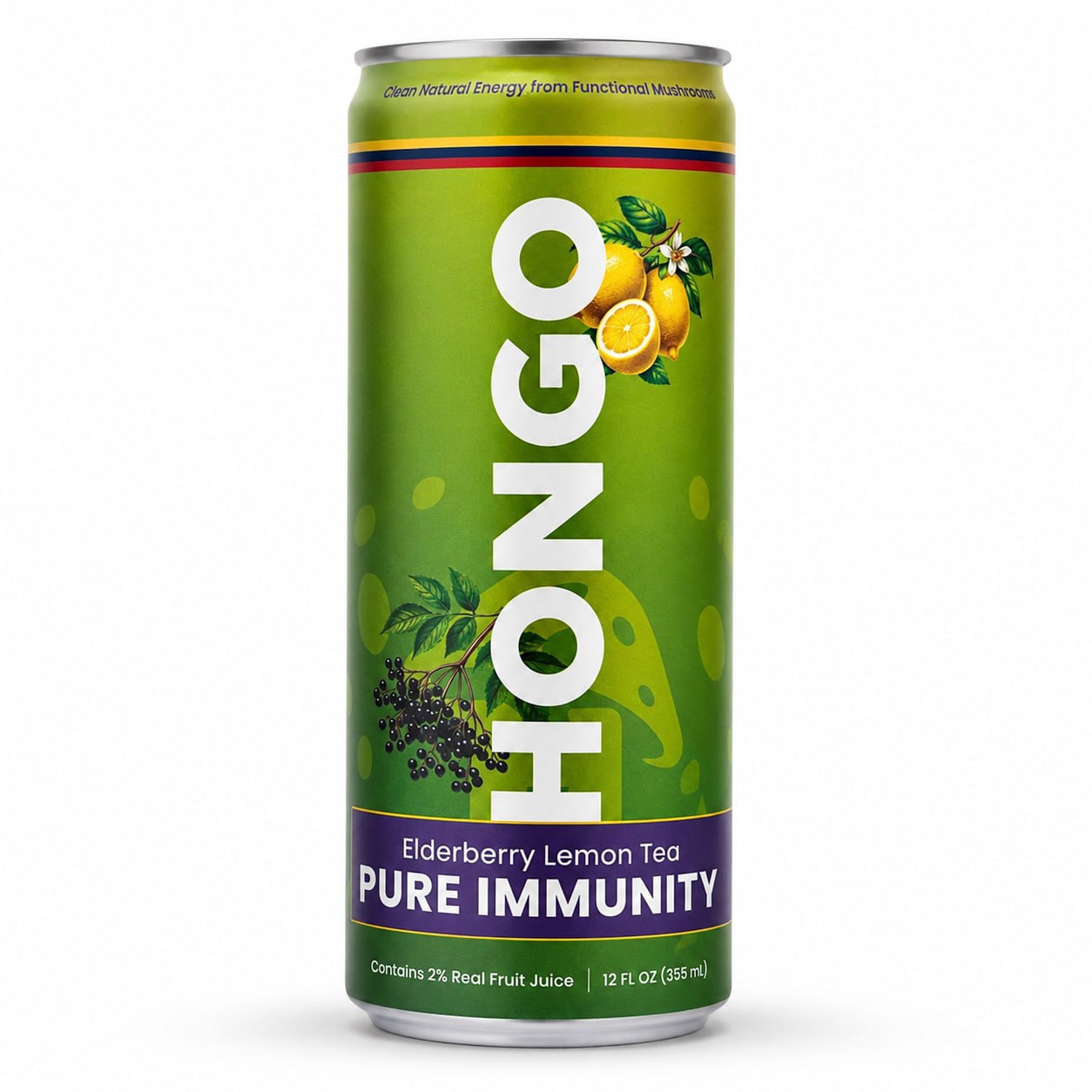 Hongo Pure Immunity Elderberry Lemon Tea can on white background