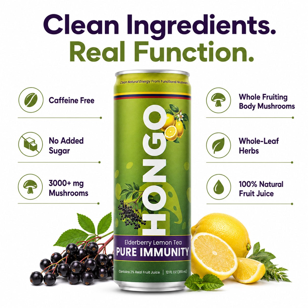 Hongo Pure Immunity clean ingredients real function product graphic