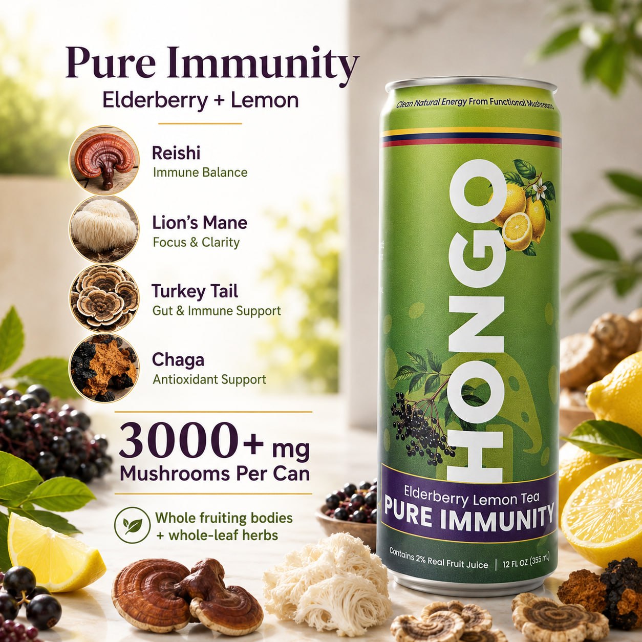 Hongo Pure Immunity Elderberry Lemon Tea mushroom blend product graphic