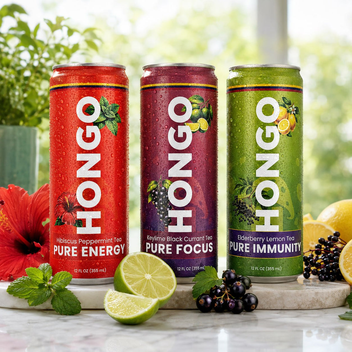 Hongo Pure Energy, Pure Focus, and Pure Immunity cans with fruit and herbs