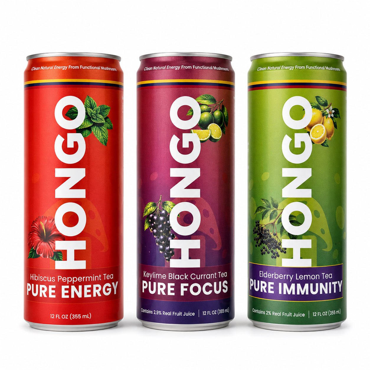 Hongo Vitality Tea Variety Pack - Three Cans on White Background