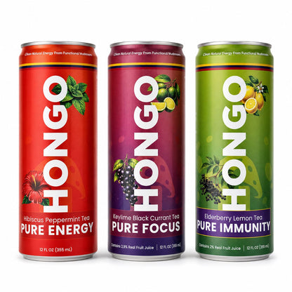 Hongo Vitality Tea Variety Pack - Three Cans on White Background