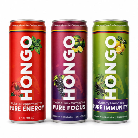 Hongo Vitality Tea Variety Pack - Three Cans on White Background