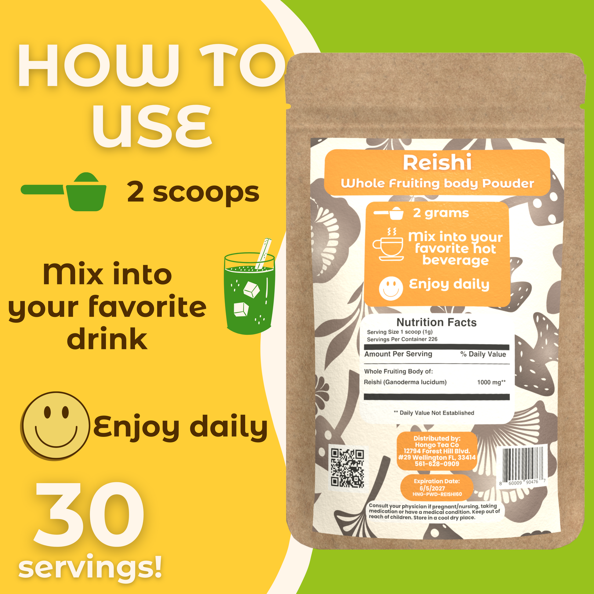 Hongo Reishi whole fruiting body mushroom powder — preparation instructions