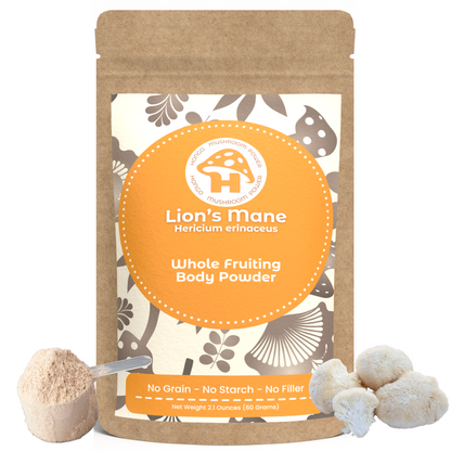 Hongo Lion's Mane whole fruiting body mushroom powder — packaging detail