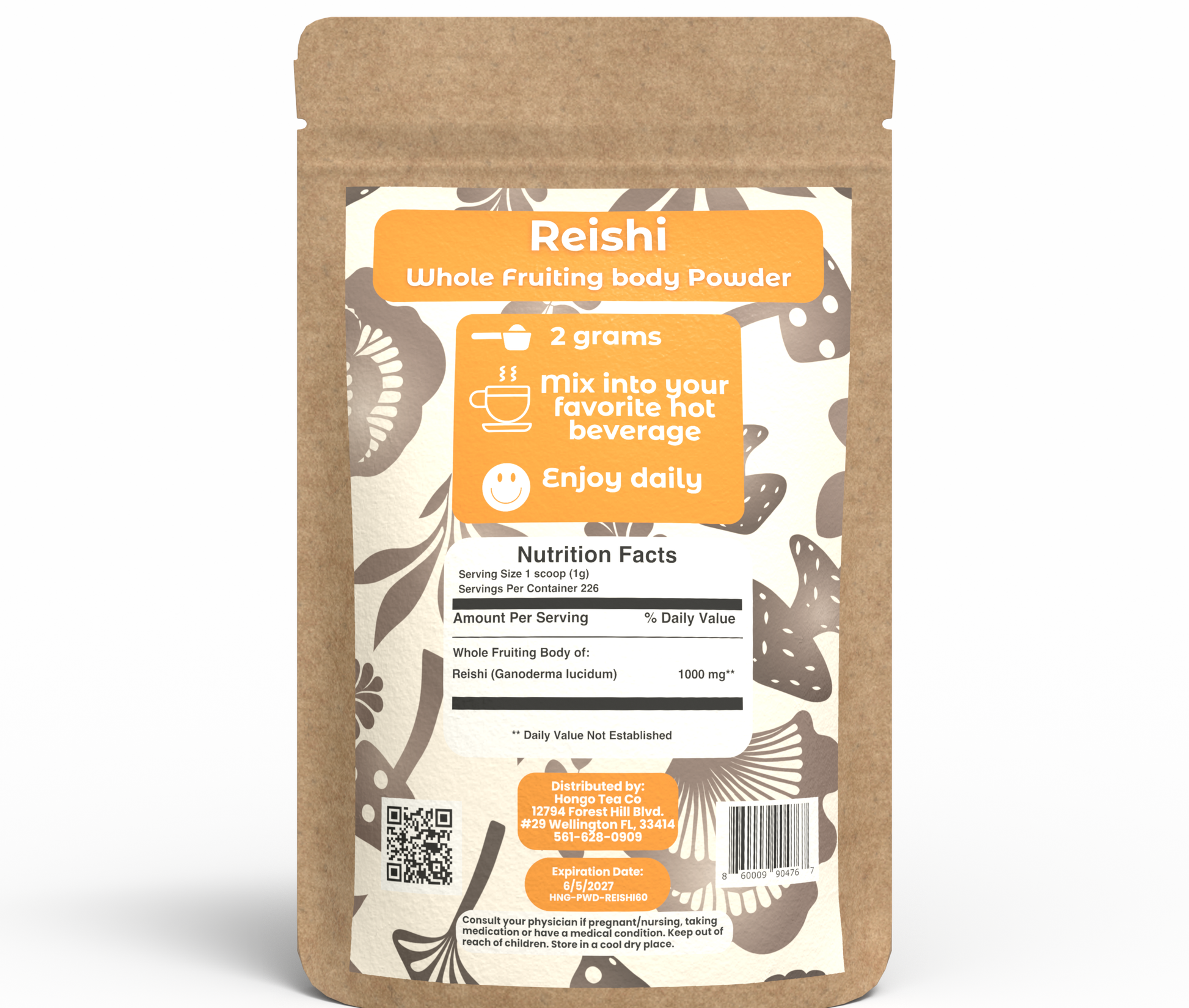Hongo Reishi whole fruiting body mushroom powder — back of package