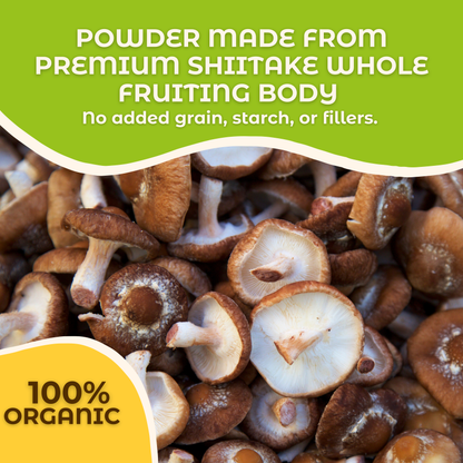 Hongo Shiitake whole fruiting body mushroom powder — whole mushroom close-up