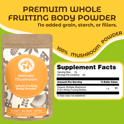 Hongo Shiitake whole fruiting body mushroom powder — supplement facts panel