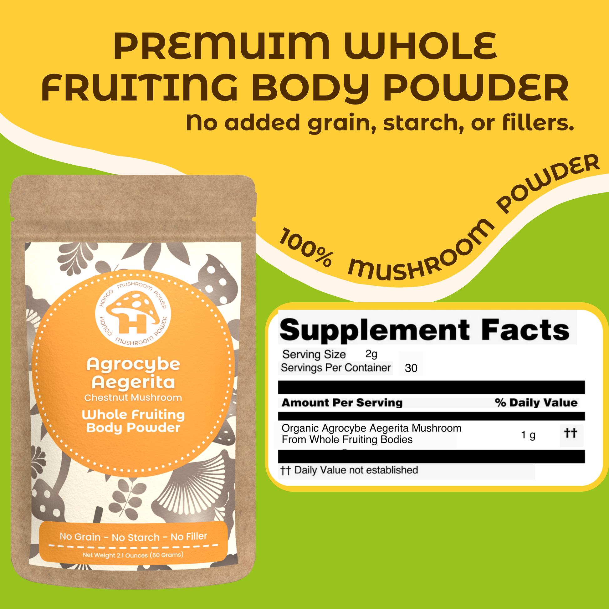 Hongo Agrocybe aegerita Black Poplar mushroom powder — supplement facts panel