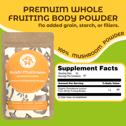 Hongo Reishi whole fruiting body mushroom powder — supplement facts panel